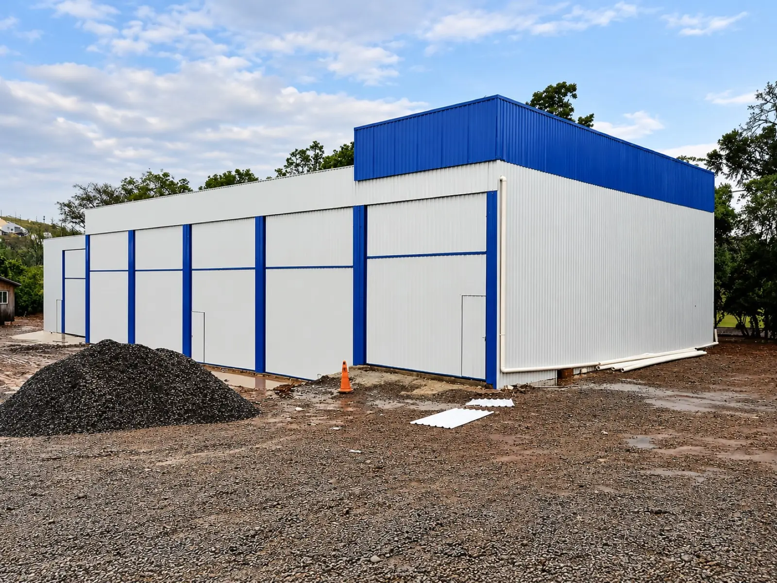 Galpão industrial azul em obra
