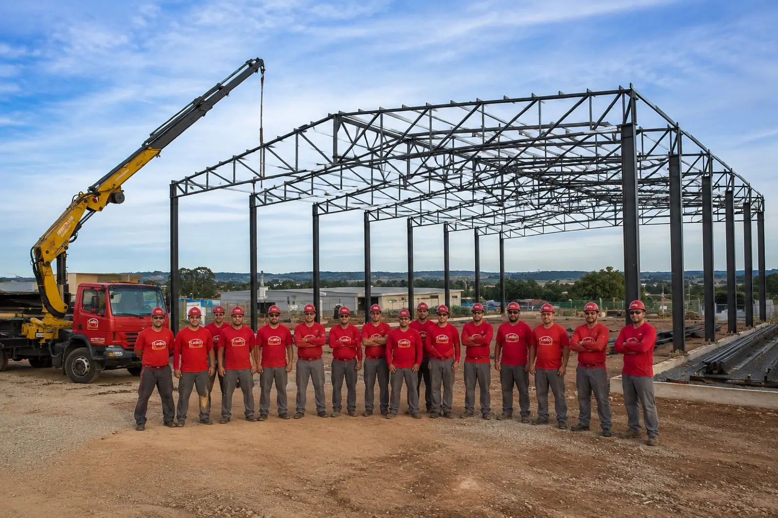 Equipe especializada da Leão Sistemas Estruturais em frente a um barracão metálico em montagem